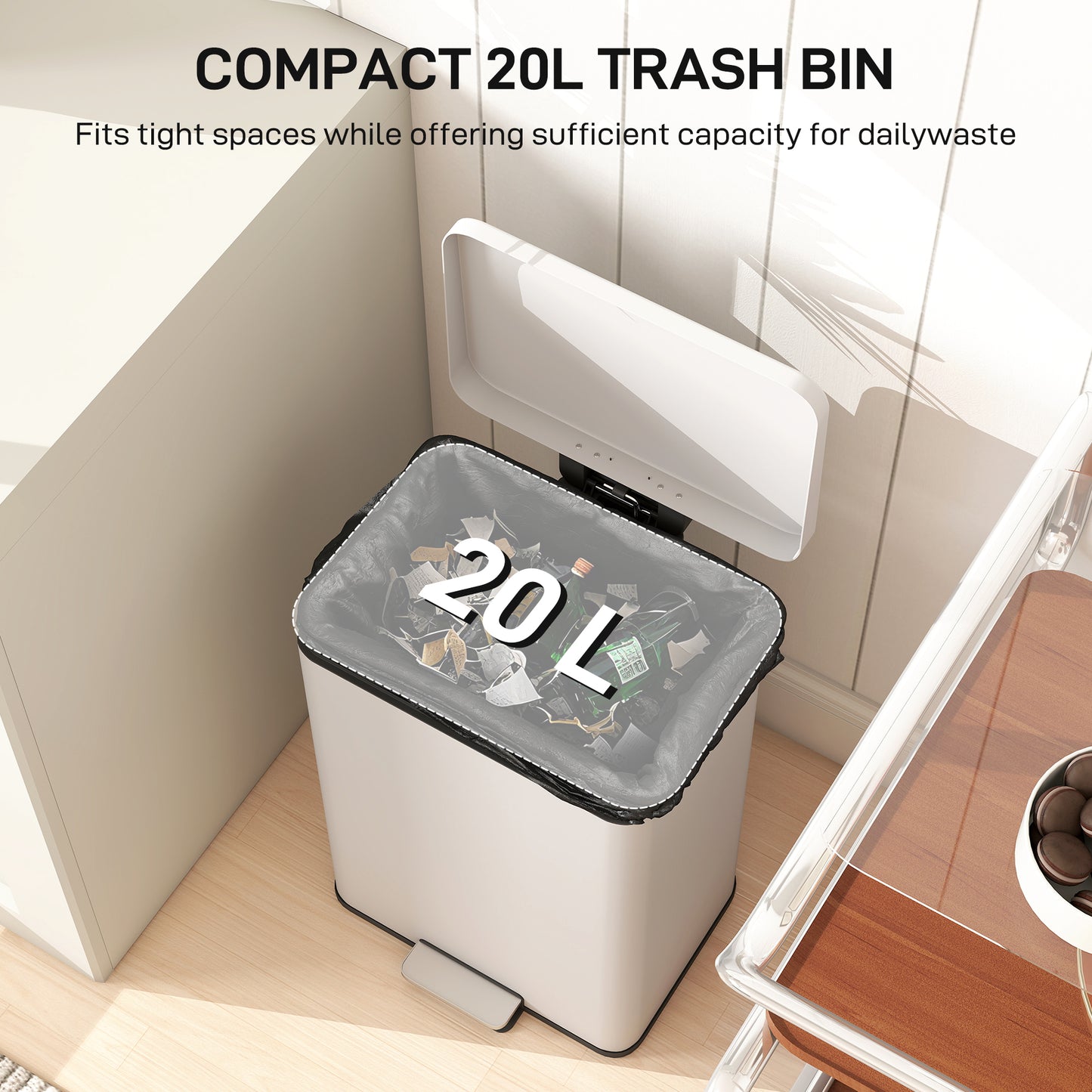 20L Kitchen Bin With Soft-Close Lid And Stay-Open Function, Pedal Bin With Removable Inner Bucket For Kitchen, Office, Home, Cream