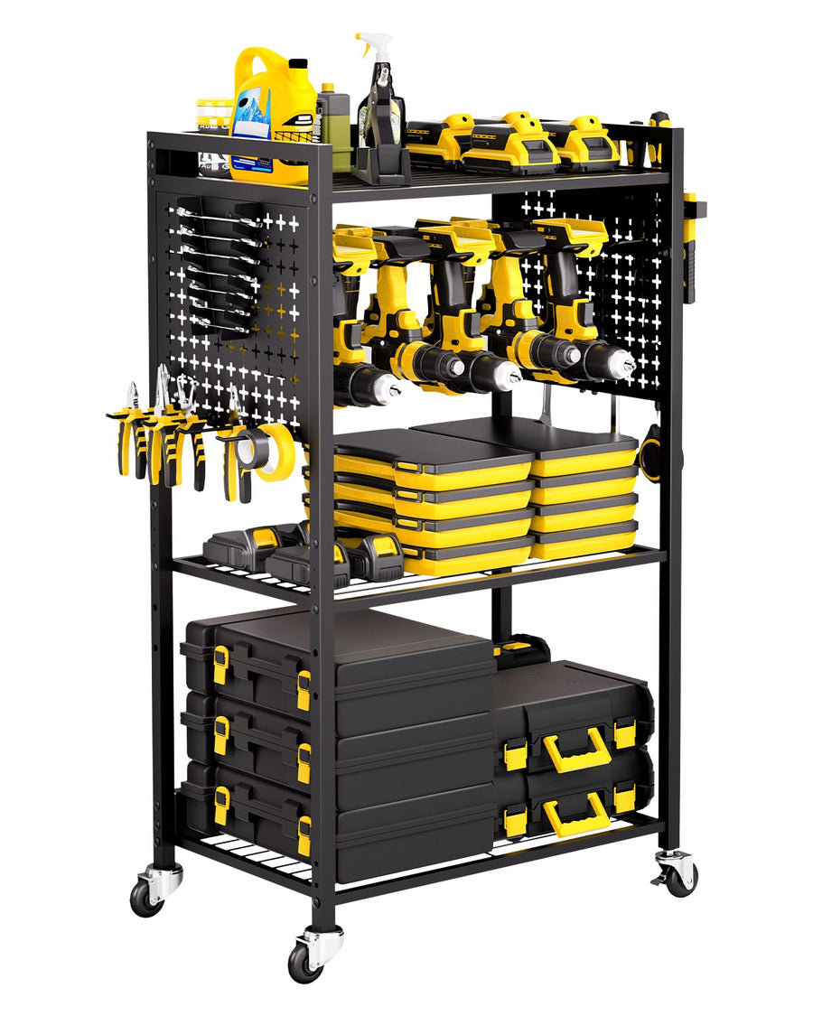 Werkzeugwagen Mit 4 Ebenen, Tragkraft 68 Kg, Werkstattwagen Mit Rollbarem Bohrerhalter & Stabilem Lagerregal, Montagewagen Für Die Garage, Werkstatt, Garage, Schwarz, 560x350x970 Mm