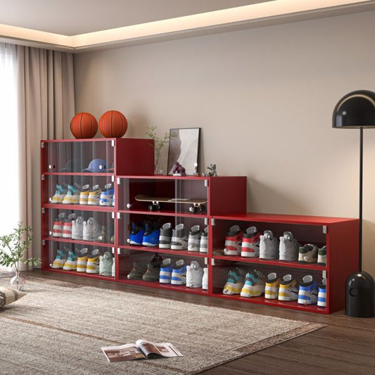 Red Glass Door Shoe Box Shoe Storage Cabinet For Sneakers With RGB LED Light - Single