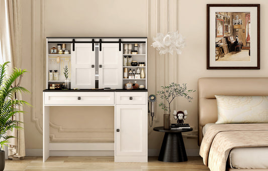 Farmhouse Dressing Table Makeup Table, Wide Dressing Table With Lighted Mirror And Makeup Drawer, Large Modern Dressing Table Set With Hair Dryer Holder For Bedroom, White