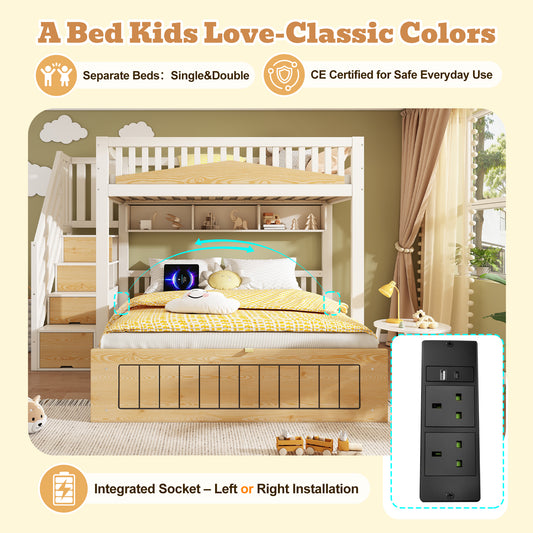 Offset Bunk Beds For Kids, Staircase Bunk With Hydraulic Storage & USB Charging, Children's Bed Double Bed For Family With Multiple Children, 90 135 X 190 Cm, White & Natural