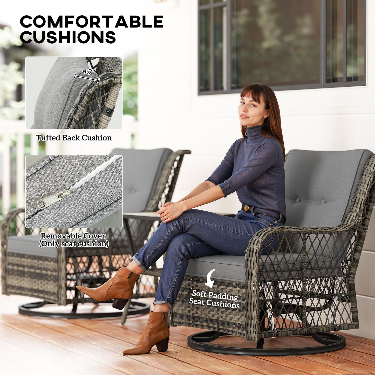 3 Piece Outdoor Bistro Set, Wicker Small Patio Furniture Set With Swivel Glider Chairs For Balcony, Porch, Gray