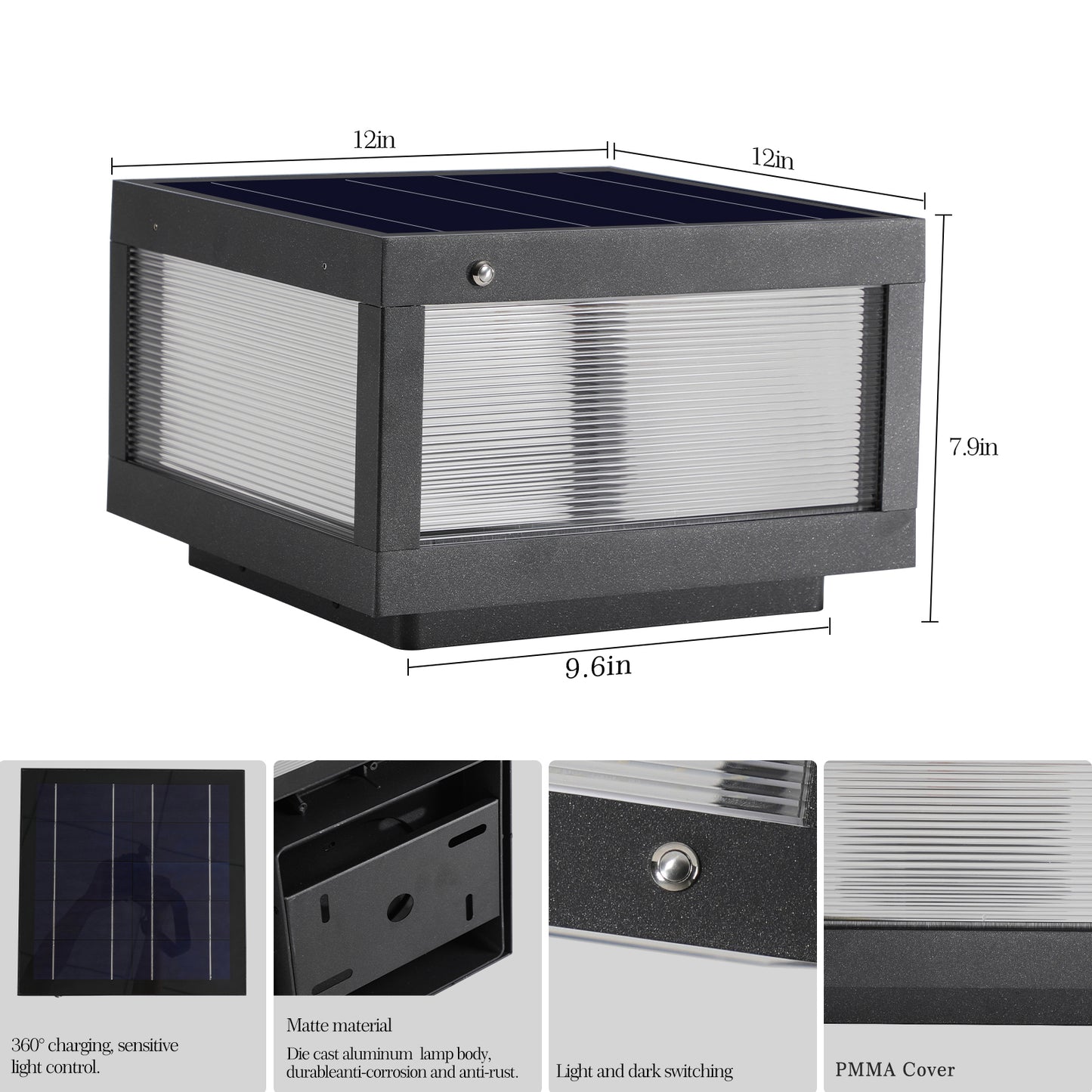 12inch Black Solar Powered LED Post Cap Light, Modern Outdoor LED Fence Light For Pathways, Decks, And Patios1-Pack