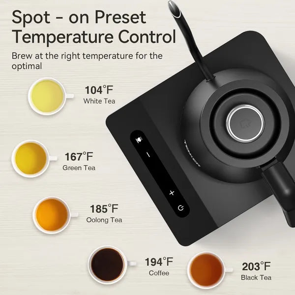 Electric Gooseneck Kettle Temperature Control Pour-Over Tea Kettle For Coffee Brewing; Stainless Steel Inner; 1300W Rapid Heating; Water Boiling Kettle Black