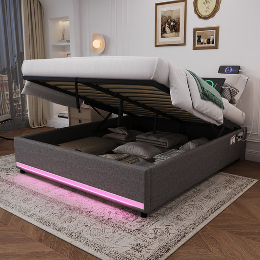 4ft6 Double Hydraulic Storage Bed, No Headboard Linen Bed Frame With APP Control LED Lights, Side Charging Station, Side Pockets, Grey No Mattress