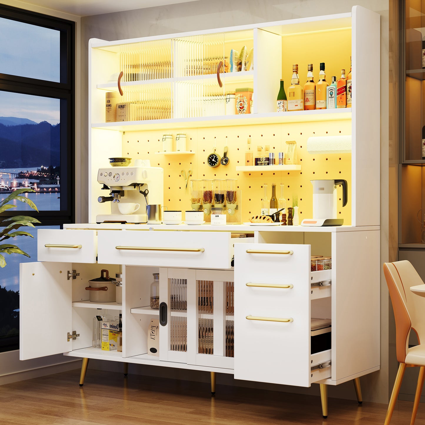Modernes Sideboard Mit LED Beleuchtung Hochschrank Fur Kuche Wohnzimmer, Aufbewahrungsschrank Mit Lochwand, Schublade Glasboden, White