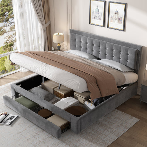 Upholstered Bed King Size Bed 5ft 150x200cm Velvet Fabric Double Bed Large Storage Space,With Slats And Headboard,Without Mattress,Grey