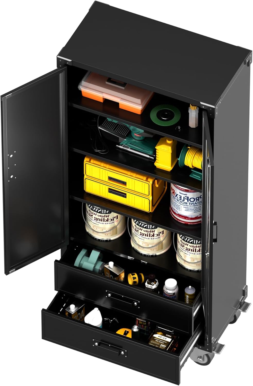 Rolling Storage Cabinet With 2 Doors And 2 Drawers, Metal Storage Cabinet With Doors And Shelves, Locking Steel Cabinet For Warehouse, Home, Office Black