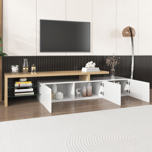 Modern TV Cabinet Design Stylish And Elegant, Practical Storage, High-gloss White, Wooden Look, Glass Shelves, LED Lighting