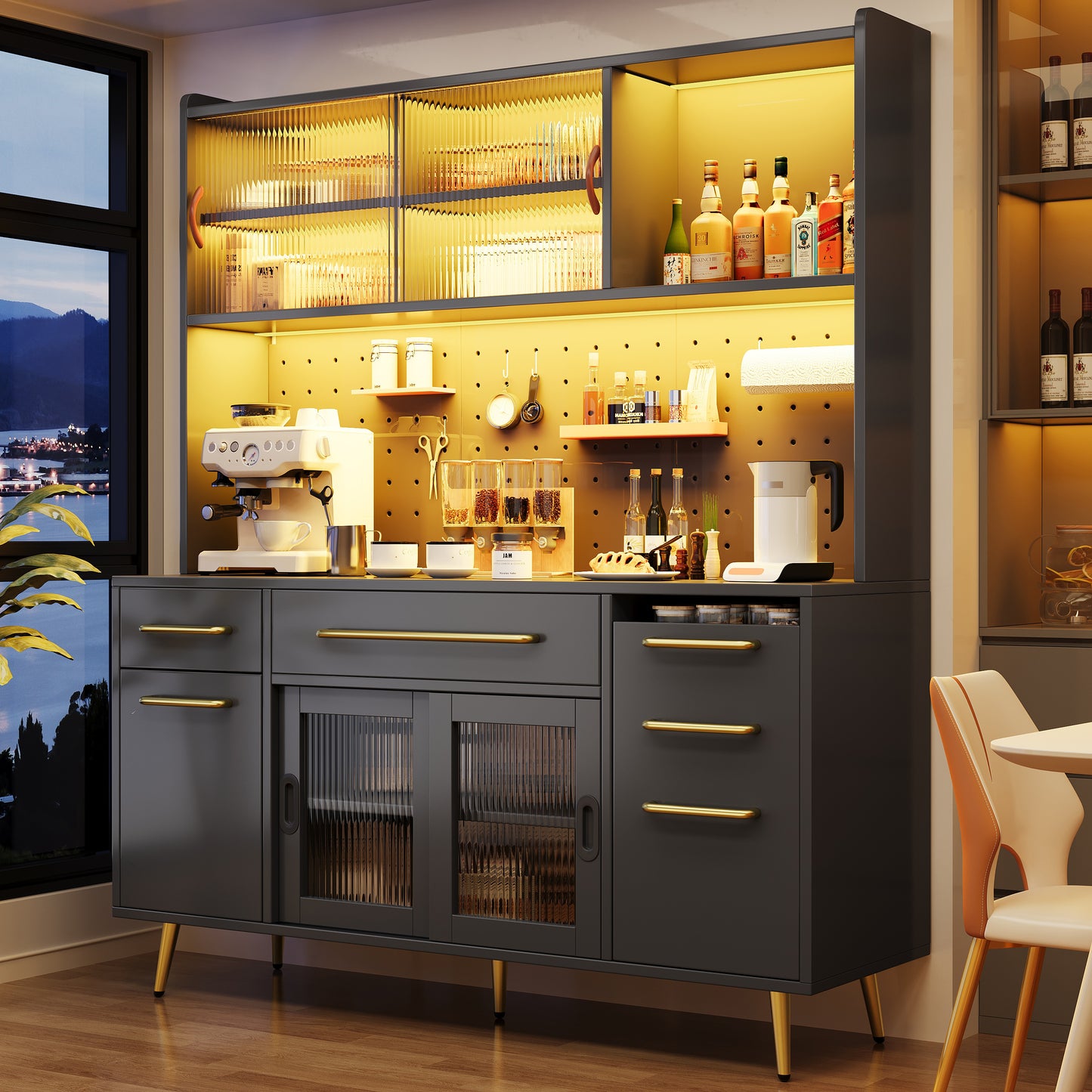 Modernes Sideboard Mit LED-Beleuchtung ,Hochschrank Fur Kuche & Wohnzimmer, Aufbewahrungsschrank Mit Lochwand, Schublade & Glasboden, Black