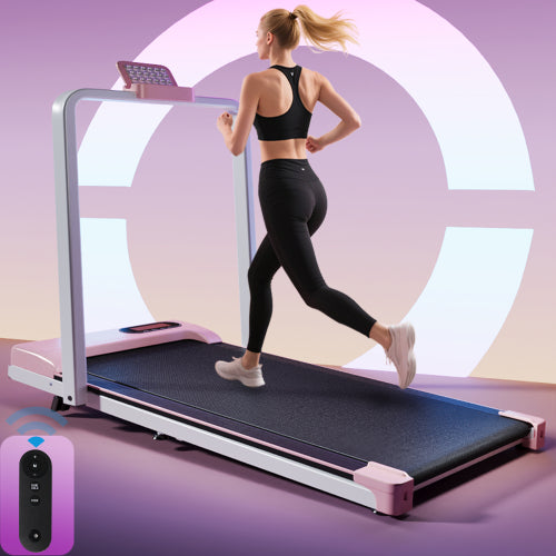 Folding Treadmill With Handrail & Adjustable Incline, 1-10 Km H Running Machine, Space Saving Low Noise Design, LED Display, Phone Holder, Remote Control, Transport Wheels Plug, Pink.