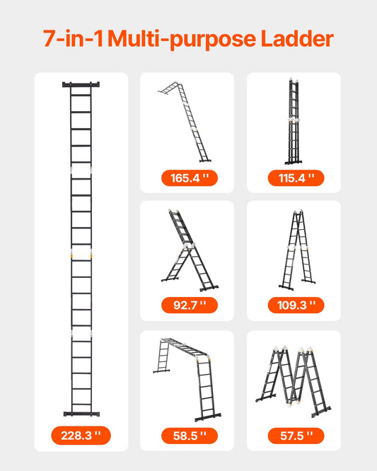 Multi-Purpose Folding Ladder, 7-in-1 Tall Extension Step Ladder, A Frame 5 Step Telescoping Ladder, 19ft Reach Height Heavy Duty Adjustable Ladder, 330 Lbs Capacity For Home Outdoor