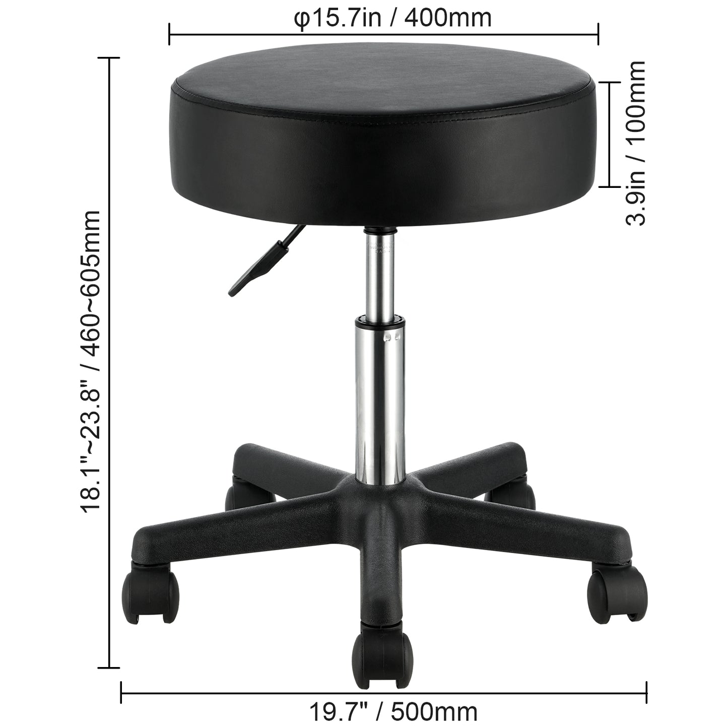 VEVOR Rolling Stools With Wheels, 400 LBS Weight Capacity Adjustable Height Stool With Ultra Thick Seat Cushion, Swivel Stools Chair For Salon, Bar, Home, Office, Tatoo, Medical, Massage, Black