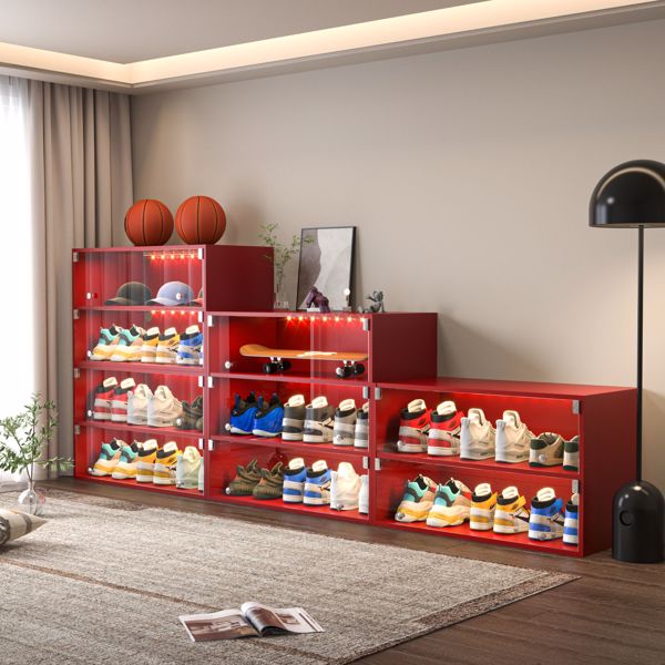 Red Glass Door Shoe Box Shoe Storage Cabinet For Sneakers With RGB LED Light - Single