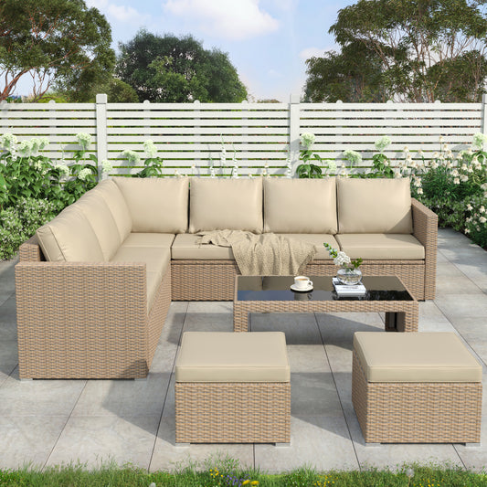 Garden Corner Sofa Set Rattan Sofa Outdoor Furniture With Coffee Table 2 Stools,Khaki