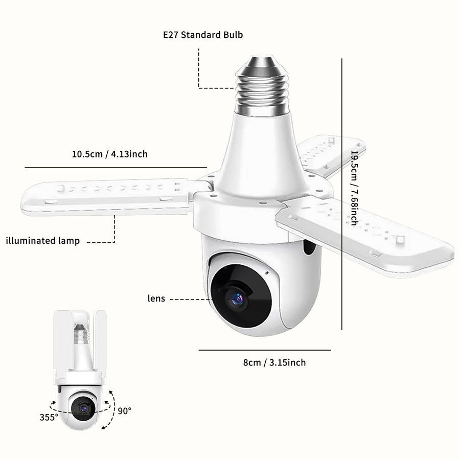 3-Leaf Fan Light Bulb Security Camera, 1080P HD WiFi Remote Monitor, Easy Installation No Wiring, Night Vision Motion Detection For Home & Shop