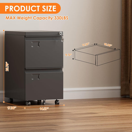 2 Drawer Mobile File Cabinet, Metal Under Desk Cabinet With Lock Name Card Holder For Office Home, Legal Letter Size, Assembly Required