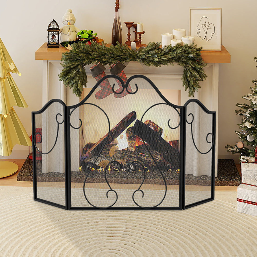 3 Panel Fireplace Screen Foldable Guard Cover With Decorative Scroll