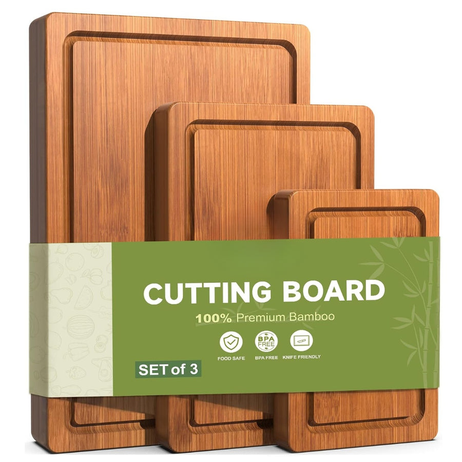3-Piece Set Deep-Carbonized Bamboo Cutting Board For Kitchen Crack Resistant Wood Chopping Boards With Deep Juice Grooves Pre Oiled Butcher Block For Meat Vegetables Cheese Carbonized