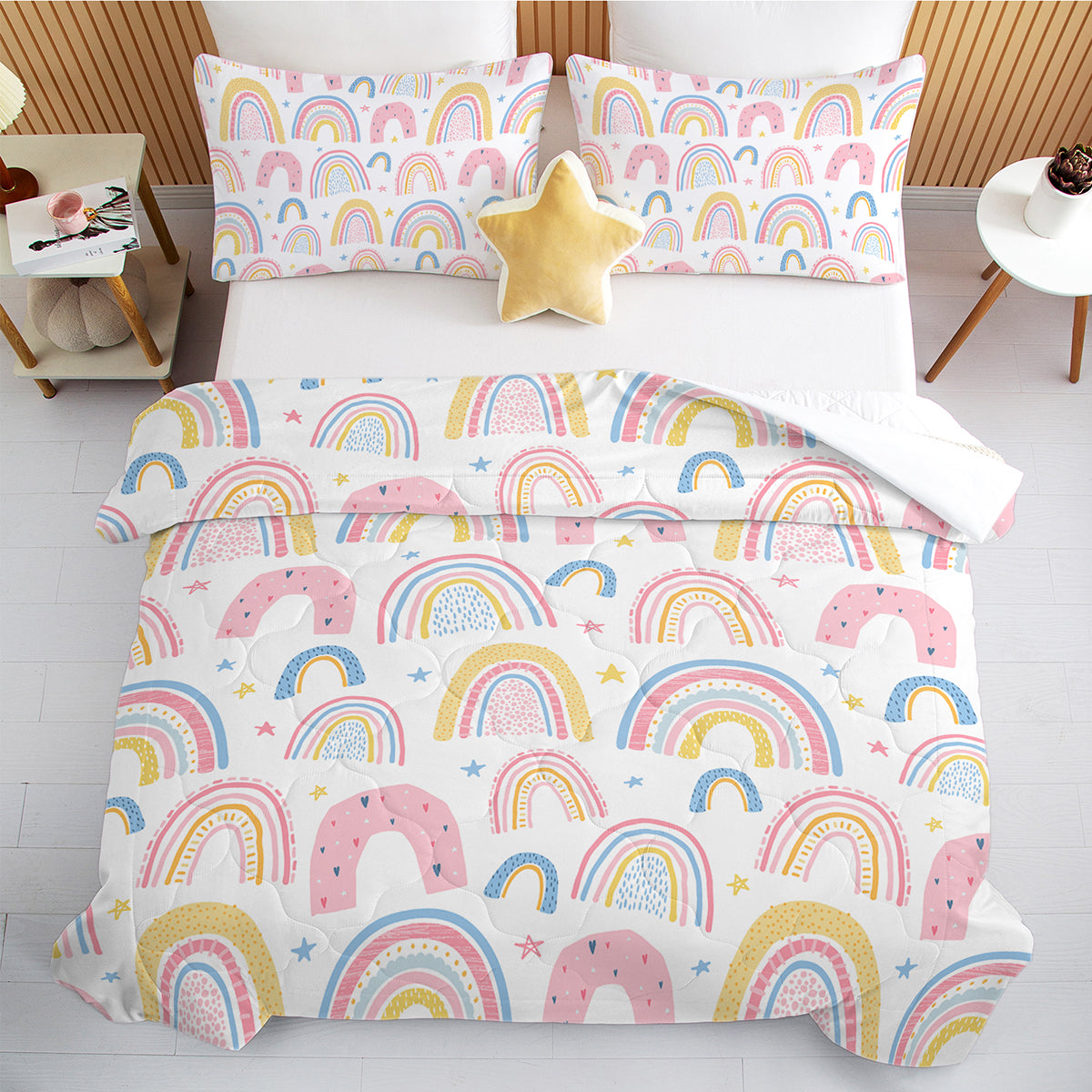 Rainbow Pattern Comforter Set For Women Pink And Yellow Rainbow Star Comforter 3 Piece With 2 Pillow Shams 1 Comforter And 2 Pillow Shams Twin Full Queen King Size