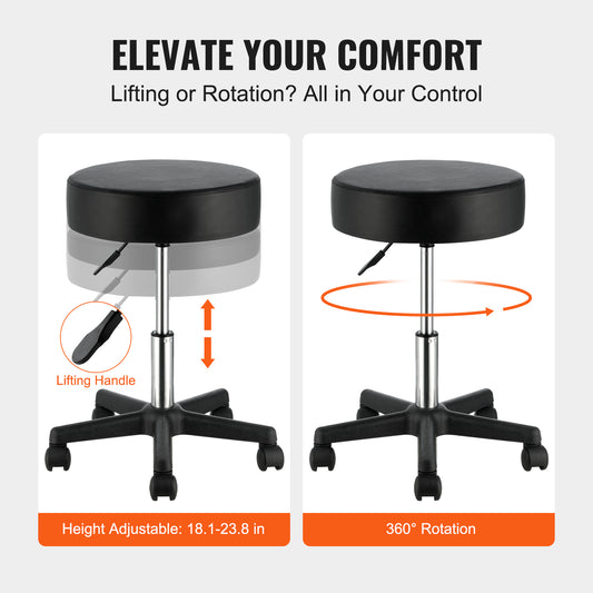 VEVOR Rolling Stools With Wheels, 400 LBS Weight Capacity Adjustable Height Stool With Ultra Thick Seat Cushion, Swivel Stools Chair For Salon, Bar, Home, Office, Tatoo, Medical, Massage, Black