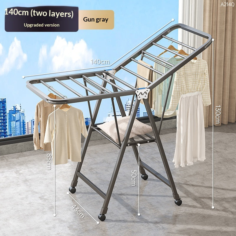 1.4-meter Gun Gray - Double-layer Air DryingFolding Clothes Rack Balcony Household Movable Indoor Clothes Rack Multifunctional Blanket Drying Tool Floor Drying Rack