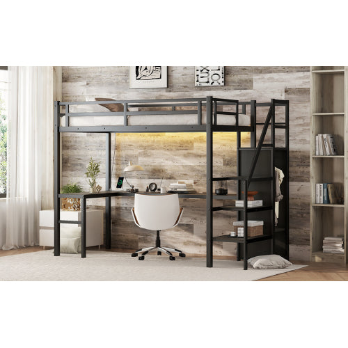 Twin XL Size Loft Bed With L-shaped Desk And USB, Metal Loft Bed With Wardrobe And Adjustable Shelf, High Loft Bed With LED For Kids Teens Adults, Black