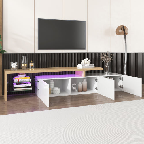 Modern TV Cabinet Design Stylish And Elegant, Practical Storage, High-gloss White, Wooden Look, Glass Shelves, LED Lighting