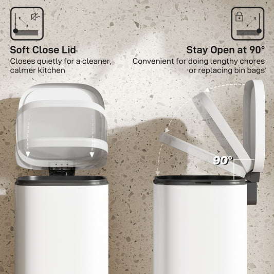 30L Kitchen Bin, Compact Pedal Bin With Soft-Close And Stay-Open Lid, Removable Bucket For Kitchen, Home, Office, Cream