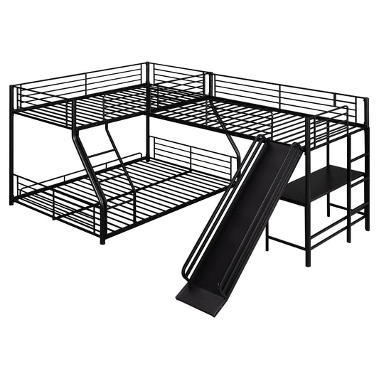 L-Shaped Twin Full Bunk Bed With Loft, Desk Slide, Black