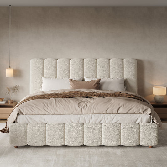 Upholstered Bed, King Size Bed, 5ft-150x200cm, Hydraulic Functional Bed, Bed With Slatted Frame, Headboard And Large Storage Space, Padded Headboard, White Boucle