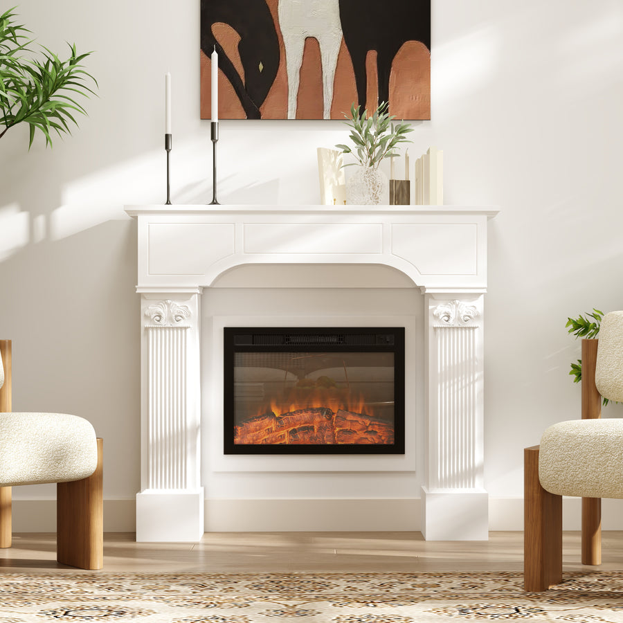 Baroque Fireplace Mantle, Freestanding Fireplace Surround for Electric Fireplaces, 43.3" W x 42.8" H, White