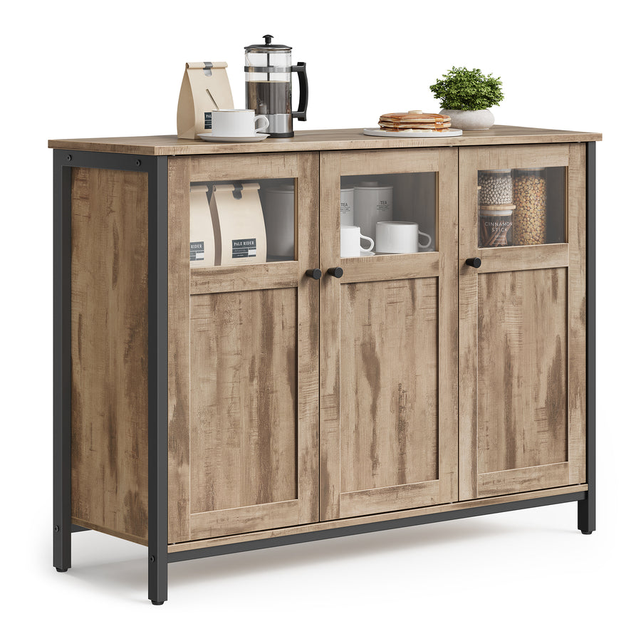 VASAGLE Buffet Cabinet, Sideboard Storage Cabinet With Glass Doors, Buffet Table, For Dining Room, Living Room, Kitchen, Steel Frame, Industrial Style, Camel Brown And Ink Black ULSC099K02