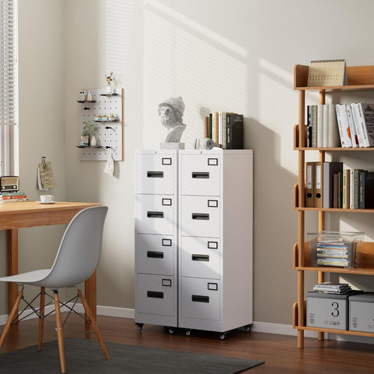 METAN 4 Drawer Vertical File Cabinet On Wheels, Lockable Office Files Storage Cabinet With Handle And Name Card,Mobile Storage Cabinet For Office And Home,Assembly Required,White