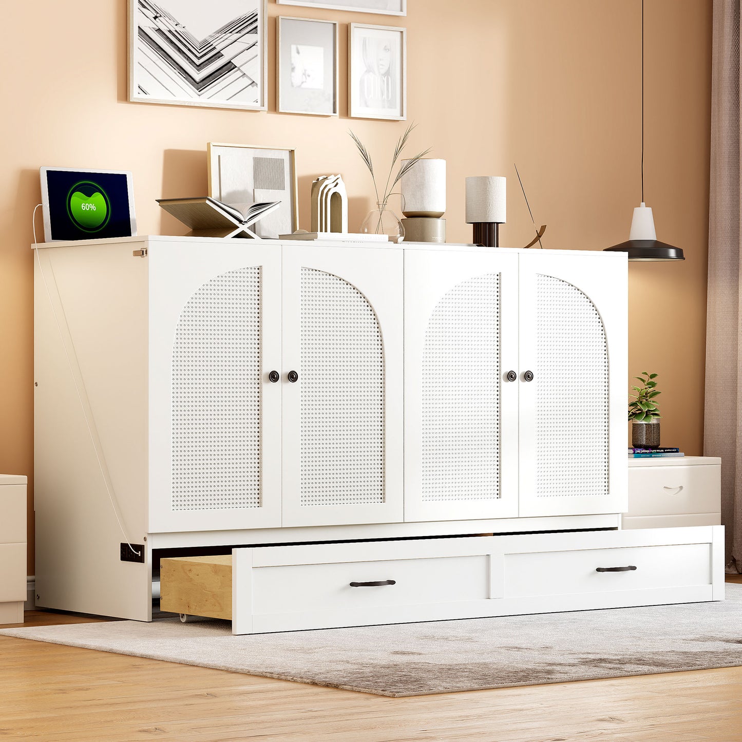 Queen Size Murphy Bed With Large Drawers, White