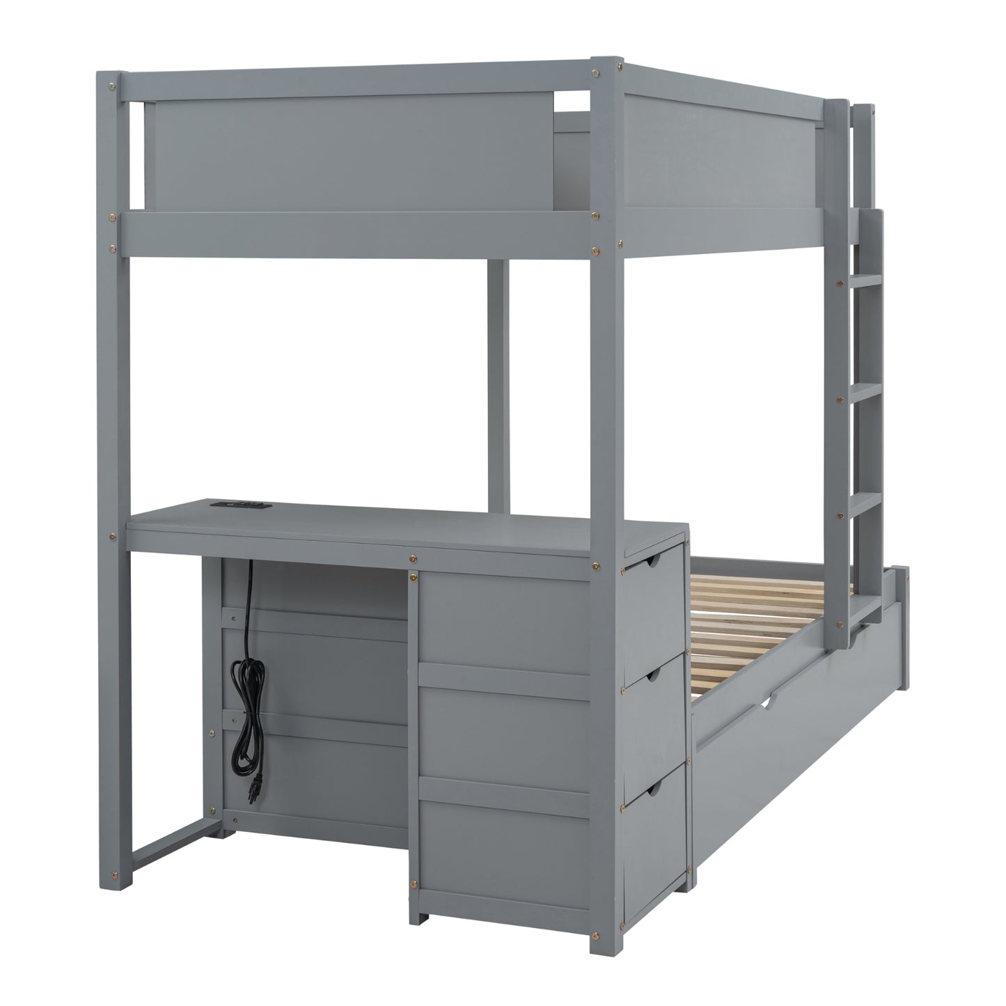 Twin-Over-Twin Bunk Bed With Twin Size Trundle, Storage And Desk, Gray