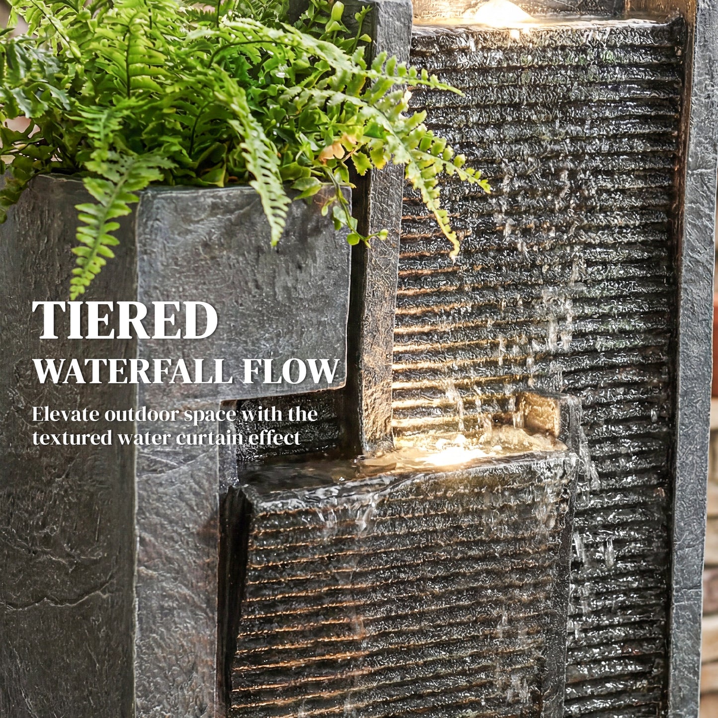 40" Tall Outdoor Waterfall Fountain with LED Lights and Planter, 3-Tier Cascading Waterfall Feature with Pump, Dark Gray