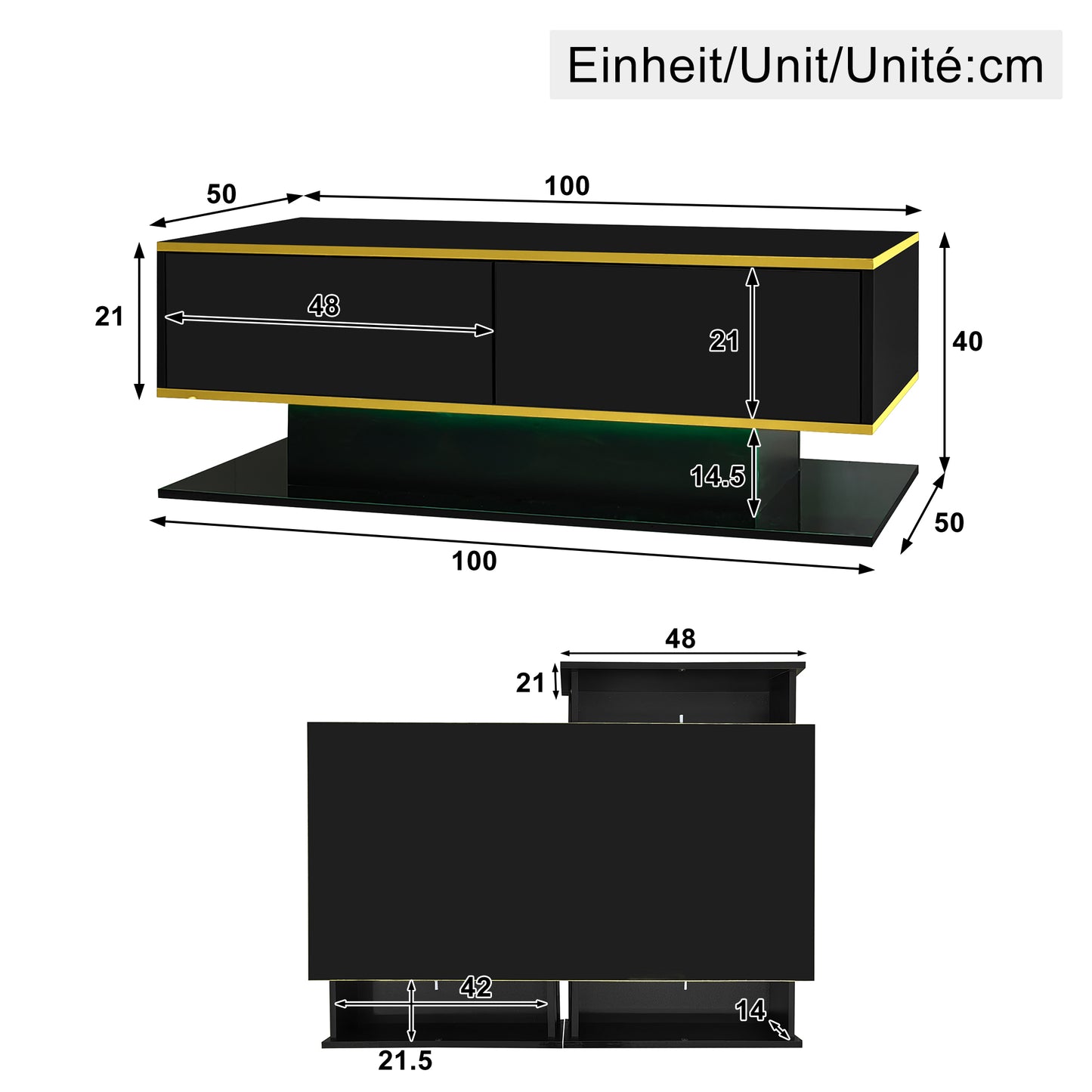 Modern LED Coffee Table With High-Gloss Finish, 100 Cm Length, Gold Accents, 3 Drawers & USB LED Light Strip Adapter-Power Bank Required