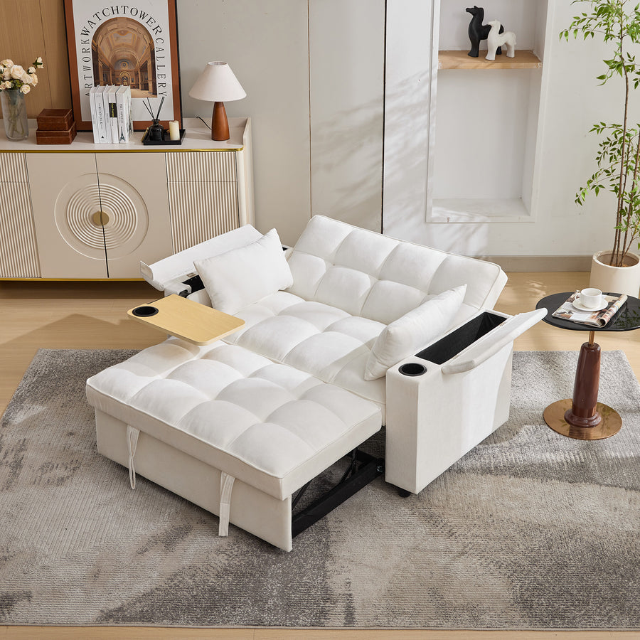 2 Seater Click Clack Sofa Bed, Pull Out Sofa Bed, Futon Sofa Recliner, With Cup Holders And Hidden Table, USB & Type-C, 3-Gear Back Angle Adjustable, For Apartment, Living Room, Bedroom, Beige