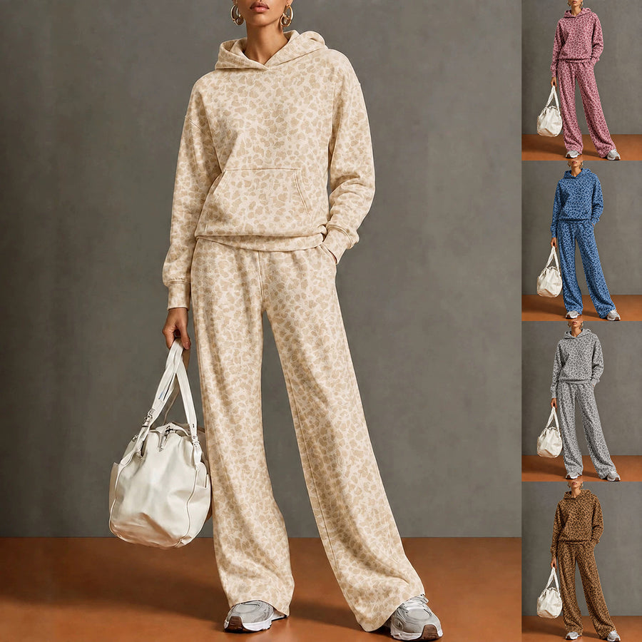 Women's Retro Leopard Print Hooded Sweatshirt And Wide Leg Trousers Set Casual Two Piece Outfit