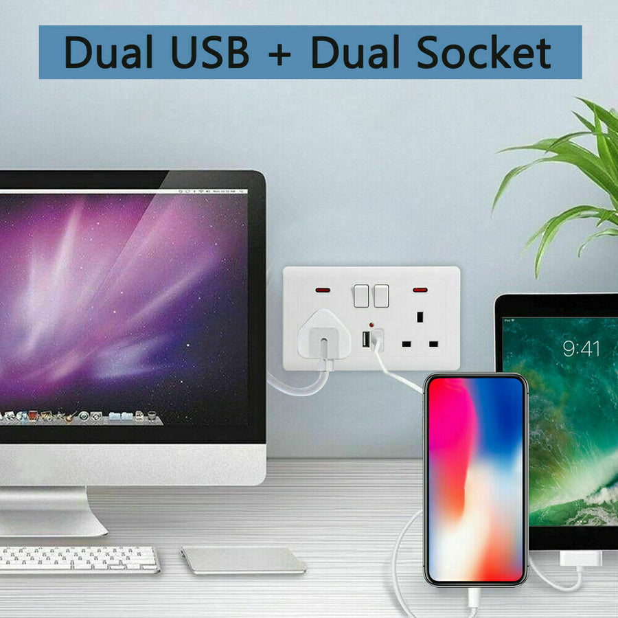 Double Wall Plug Socket 2 Gang 13A W 2 Charger USB Outlets Flat UK