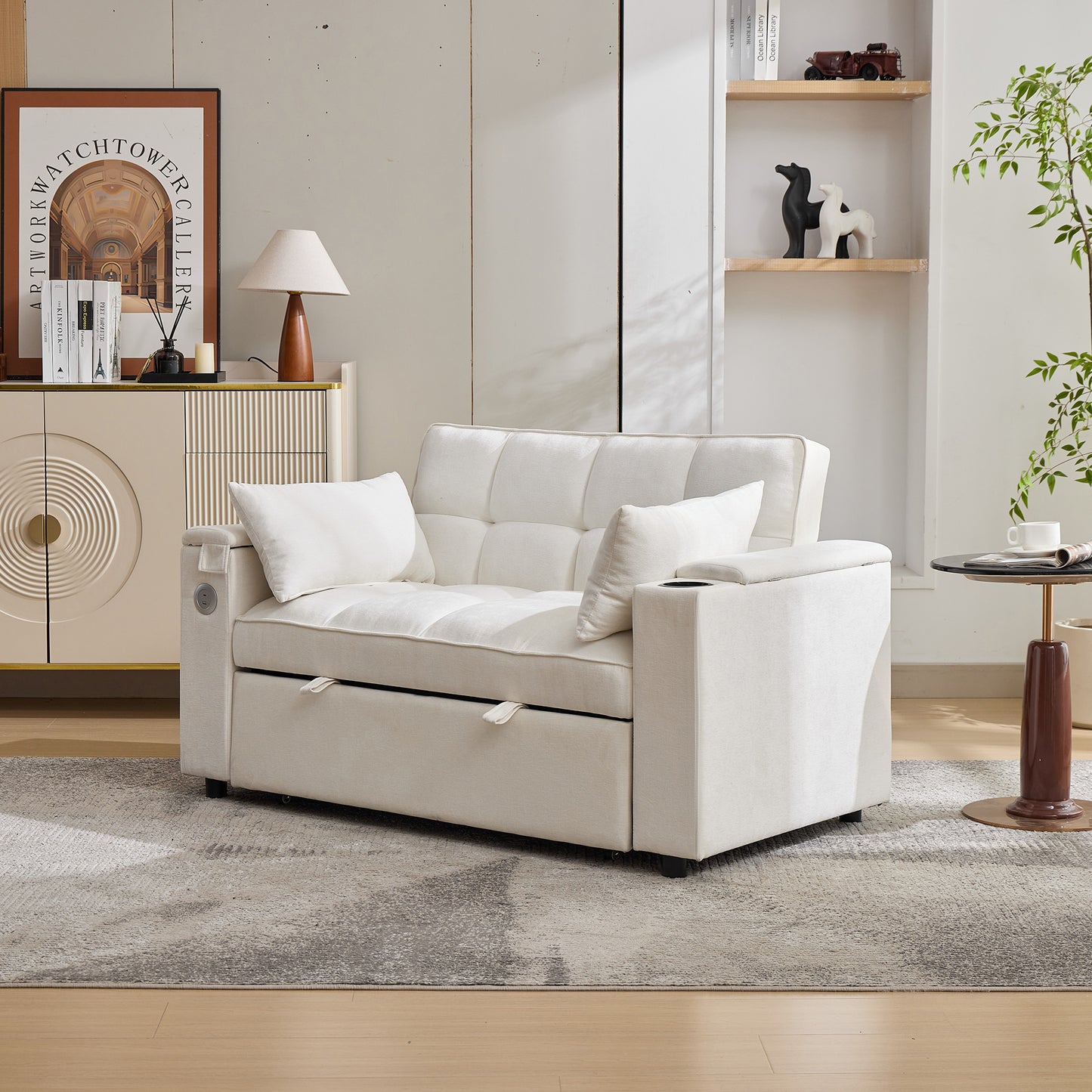 2 Seater Click Clack Sofa Bed, Pull Out Sofa Bed, Futon Sofa Recliner, With Cup Holders And Hidden Table, USB & Type-C, 3-Gear Back Angle Adjustable, For Apartment, Living Room, Bedroom, Beige