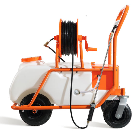 Battery Powered Lawn Sprayer On Wheel, 0-90 PSI Adjustable Pressure, 15 Gallon Tank, Cart Sprayer With 8 Nozzles And 2 Wands, 12V 12Ah Battery, Wide Mouth Lid For Weeding, Spraying