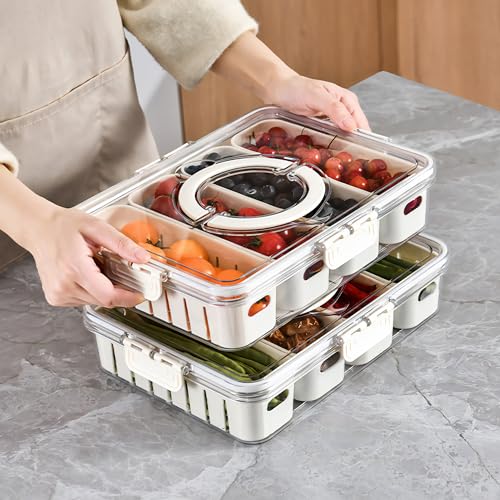 Vegetable Tray With Divided Lid And Handle. Divided Plate With Four Compartments. Portable Snack Storage Box. Stackable Snack Container. Refrigerated Food Container. Suitable For Fruits, Vegetables, A