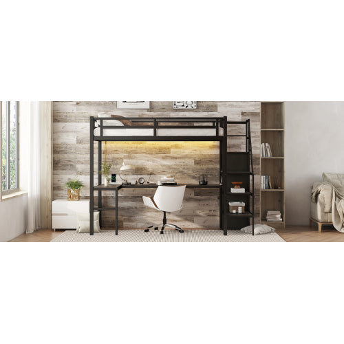 Twin XL Size Loft Bed With L-shaped Desk And USB, Metal Loft Bed With Wardrobe And Adjustable Shelf, High Loft Bed With LED For Kids Teens Adults, Black