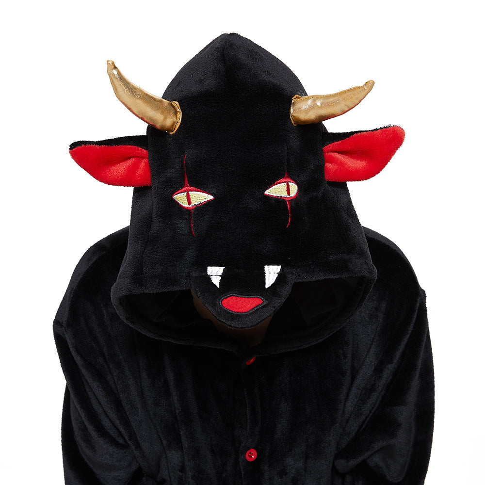 Adult Kigurumi Devil Onesies Flannel Cute Animal Pajamas Sets Kids Winter Demon Nightie Pyjamas Sleepwear Homewear