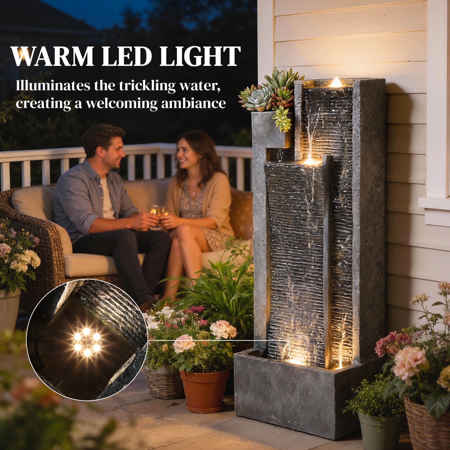 40" Tall Outdoor Waterfall Fountain with LED Lights and Planter, 3-Tier Cascading Waterfall Feature with Pump, Dark Gray