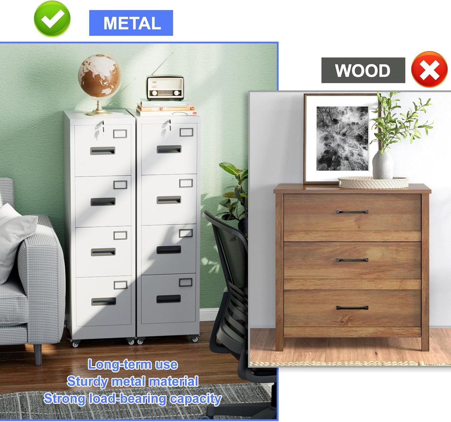 METAN 4 Drawer Vertical File Cabinet On Wheels, Lockable Office Files Storage Cabinet With Handle And Name Card,Mobile Storage Cabinet For Office And Home,Assembly Required,White