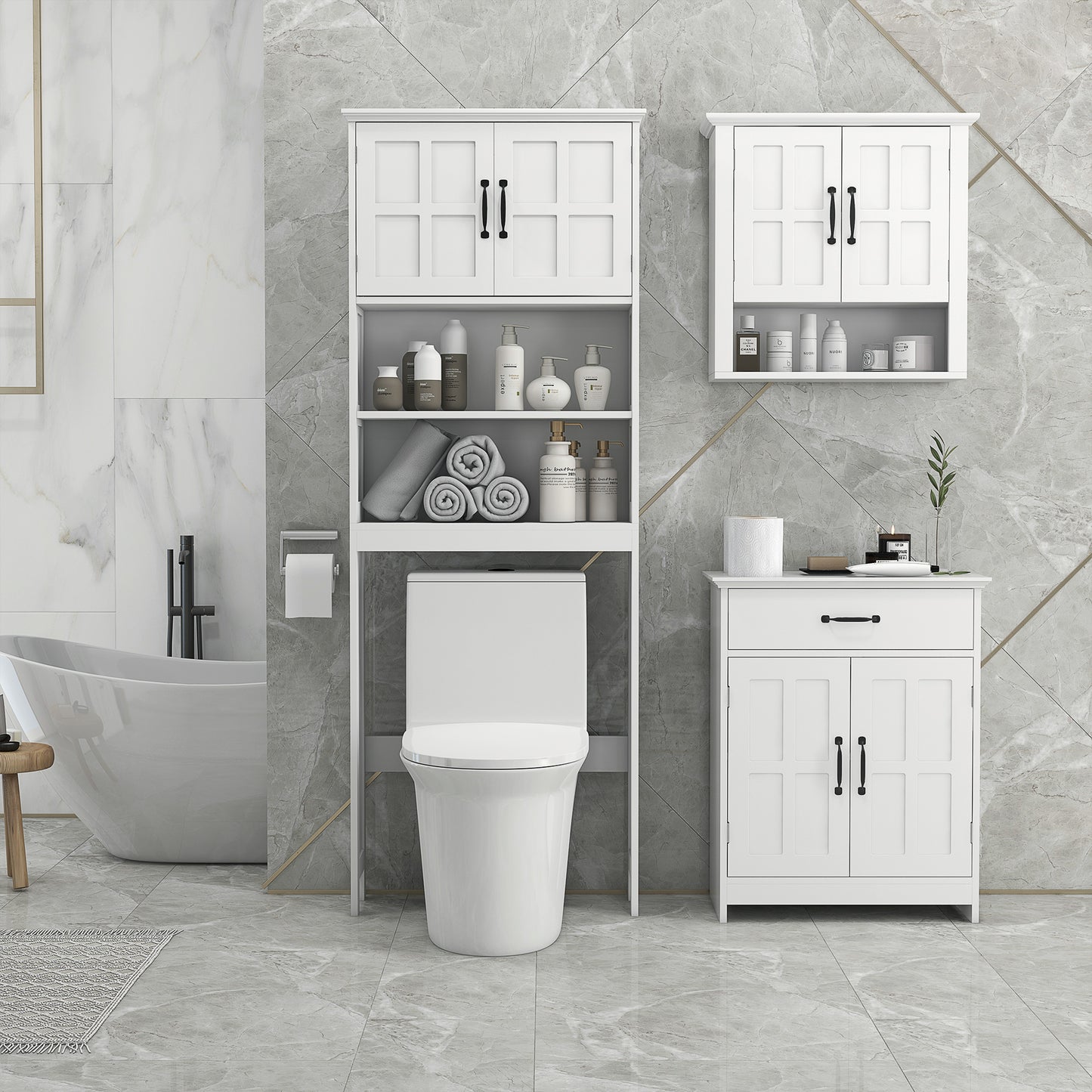 Bathroom Storage Cabinet, Modern Bathroom Cabinet with 2 Doors, Storage Drawer & Adjustable Shelf, White