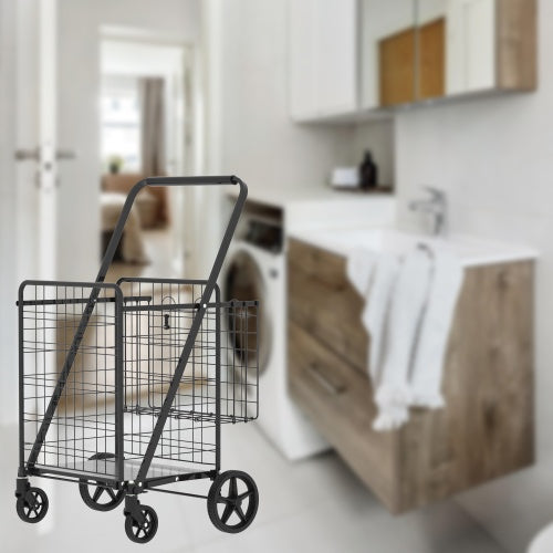 Large Shopping Cart,Grocery Cart On Wheels, Foldable Utility Shopping Carts With Double Basket And 360  Rolling Swivel Wheels For Groceries Laundry